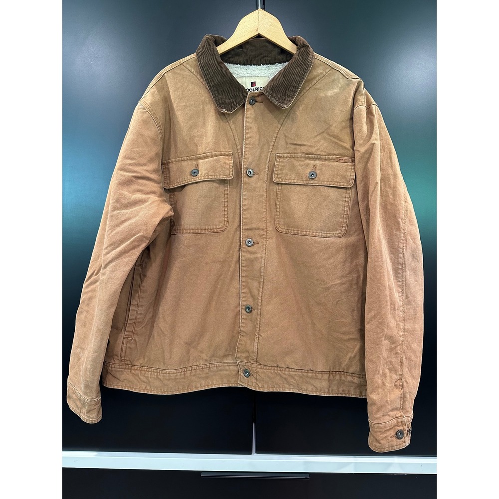 Woolrich Mens XXL Tan Brown Sherpa Lined Canvas Trucker Jacket Corduroy Collar
